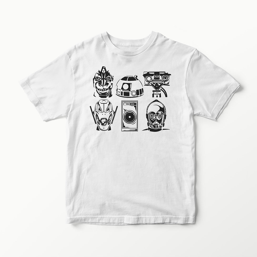 BOTS & DROIDS SERIES MECHA GODZILLA R2-D2 JOHNNY-5 ULTRON HAL 9000 C3PO T-SHIRT TEE VINYL HEAT PRESS ORIGINAL ART