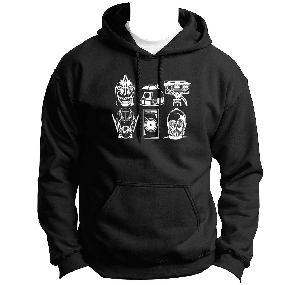 BOTS & DROIDS SERIES MECHAGODZILLA R2-D2 JOHNNY-5 ULTRON HAL 9000 C3PO HOODIE PULLOVER SWEATSHIRT VINYL HEAT PRESS ORIGINAL ART