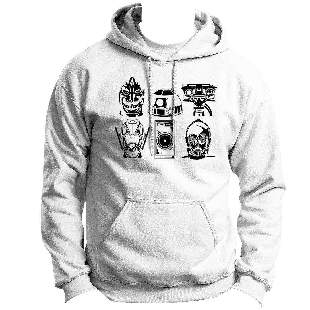BOTS & DROIDS SERIES MECHAGODZILLA R2-D2 JOHNNY-5 ULTRON HAL 9000 C3PO HOODIE PULLOVER SWEATSHIRT VINYL HEAT PRESS ORIGINAL ART