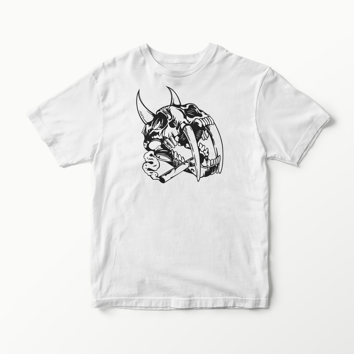 PREHISTORIC SERIES HORNED SABRE TOOTH TIGER SKULL WITH CIGAR T-SHIRT TEE VINYL HEAT PRESS ORIGINAL ART